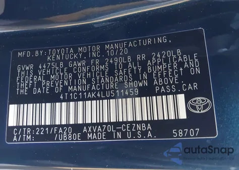 2020 Toyota Camry Le z USA, uszkodzony, nr VIN 4T1C11AK4LU511459